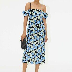 STINE GOYA Beilula Off Shoulder 3D Flower Midi Dress Crystal Garden Blue Denmark